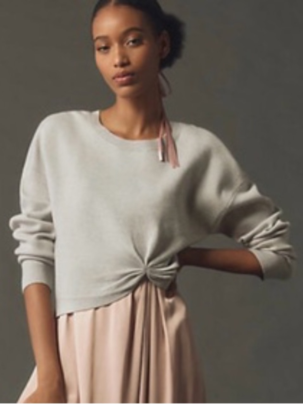 Anthropologie Light Gray Knot-Front Crewneck Sweater